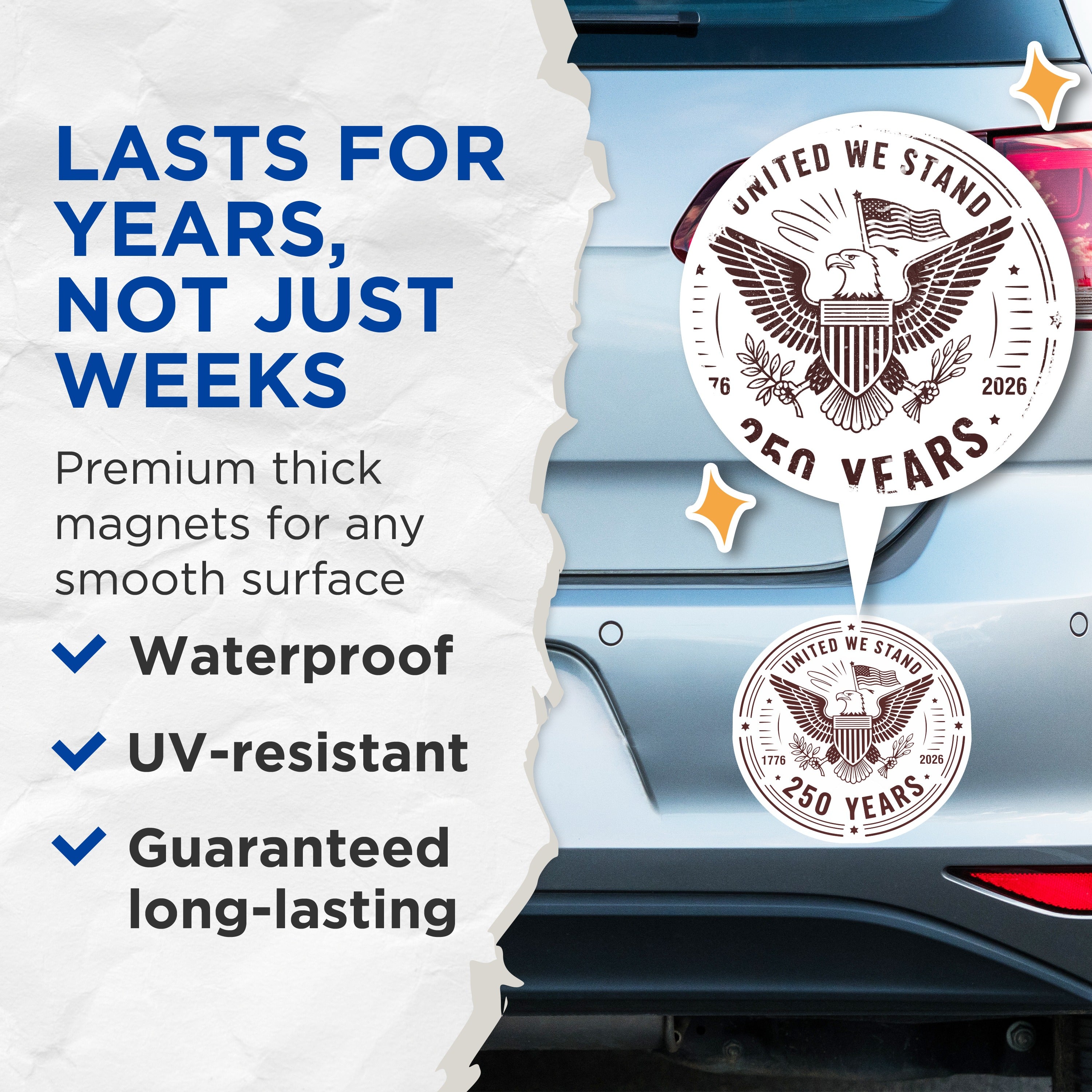 (2 Pack) United We Stand Magnets - 250 Years USA History - Patriotic American Eagle Decor - 5 Inches On Longest Side - Thick Durable Magnet - Made in USA - MAG36526