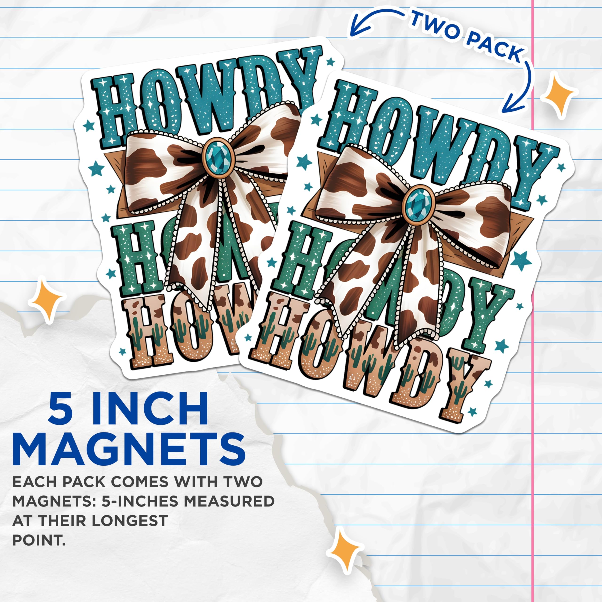 (2 Pack) Howdy Magnets - Cow Print Western Bow Decor - Country Aesthetic Home Refrigerator Accents - Southern Style Vibes - 5 Inches On Longest Side - Thick Durable Magnet - Made in USA - MAG21532