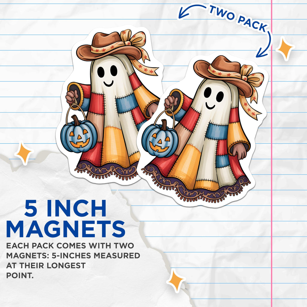(2 Pack) Rustic Halloween Ghost Magnets - Cowboy Patchwork Spirit - Pumpkin Pail Design - Fall Autumn Home Kitchen Decor - 5 Inches On Longest Side - Thick Durable Magnet - Made in USA - MAG20428
