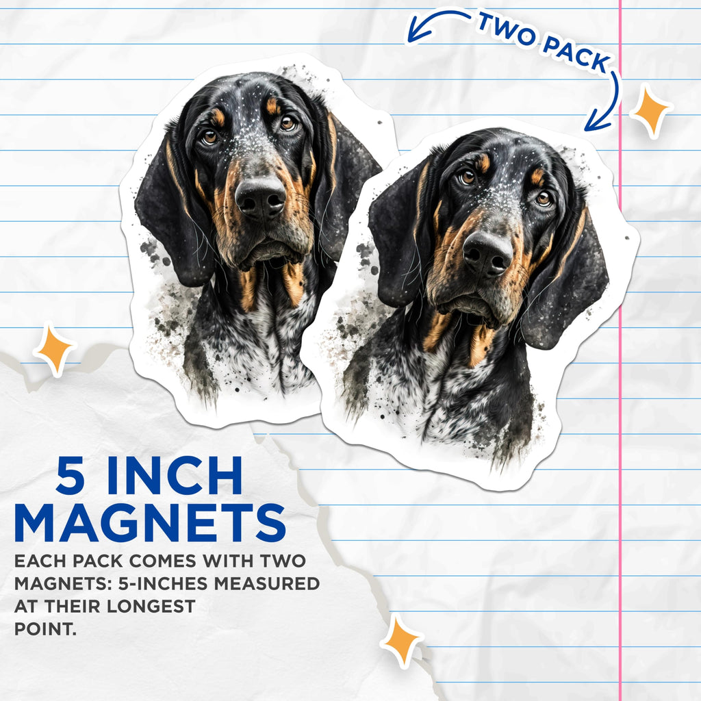 (2 Pack) Black Tan Coonhound Magnets - Hound Dog Art Print - Dog Lover Refrigerator Decor - 5 Inches On Longest Side - Thick Durable Magnet - Made in USA - MAG25558