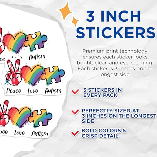 (3 Pack) Autism Awareness Decals - Peace Love Autism - Puzzle Piece Decals - 3 Inches On Longest Side - Easy Peel & Apply - Made in USA - 3MCS7180