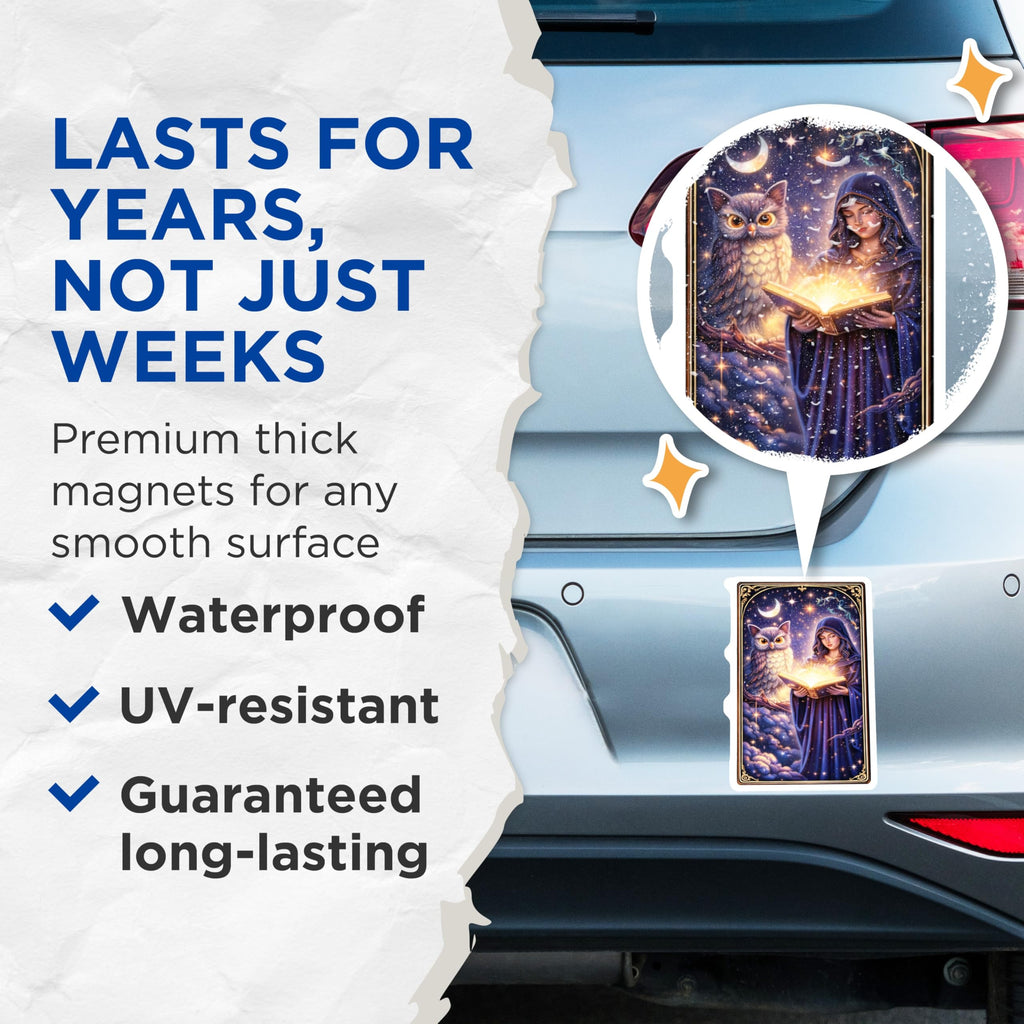 (2 Pack) Witch Owl Magnets - Reading Book - Celestial Scene - 5" On Longest Side - Premium Magnet - for Cars, Refrigerators, Toolboxes, Lockers - Made in USA - MAG14743