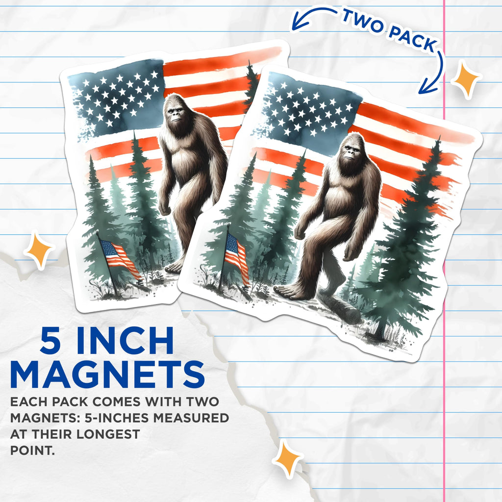 (2 Pack) Bigfoot American Flag Magnets - Patriotic Sasquatch Forest - United States Cryptid Legend Wilderness Display - 5 Inches On Longest Side - Thick Durable Magnet - Made in USA - MAG20987