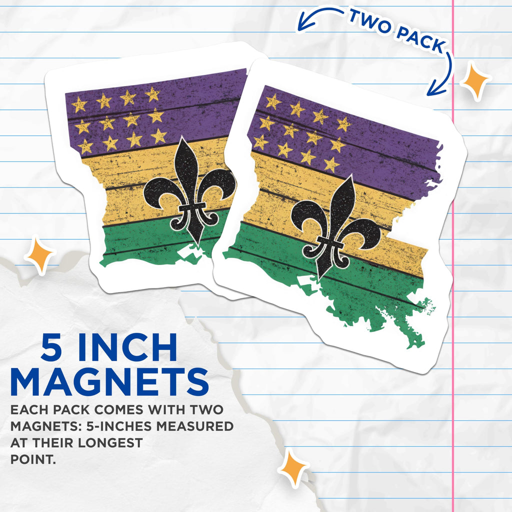 (2 Pack) Louisiana State Flag Magnets - Fleur De Lis Magnets - Mardi Gras Pride Magnets - Louisiana Home Decor - 5" On Longest Side - for Cars, Fridges, Toolboxes - Made in USA - MAG5646