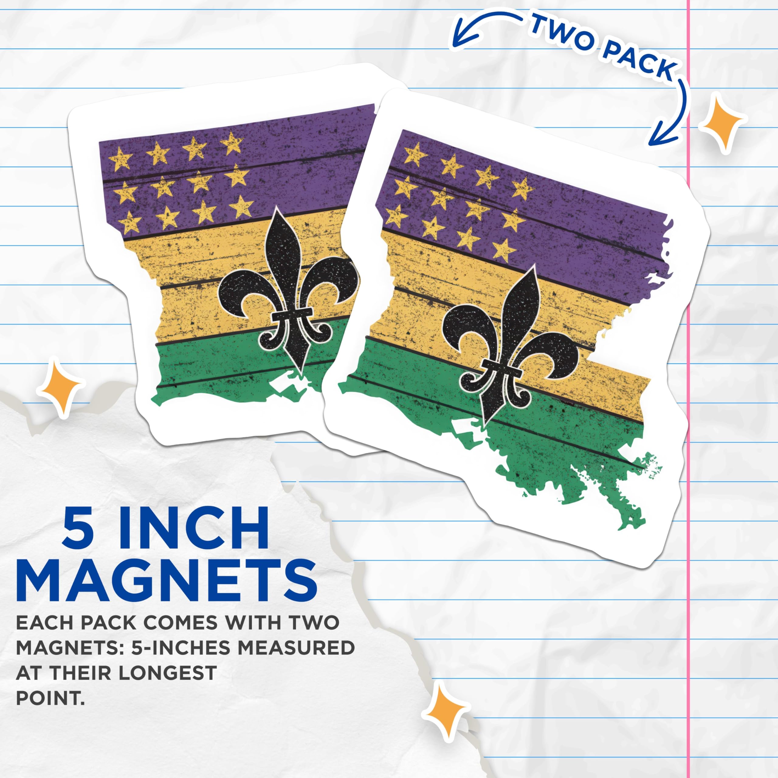 (2 Pack) Louisiana State Flag Magnets - Fleur De Lis Magnets - Mardi Gras Pride Magnets - Louisiana Home Decor - 5" On Longest Side - for Cars, Fridges, Toolboxes - Made in USA - MAG5646