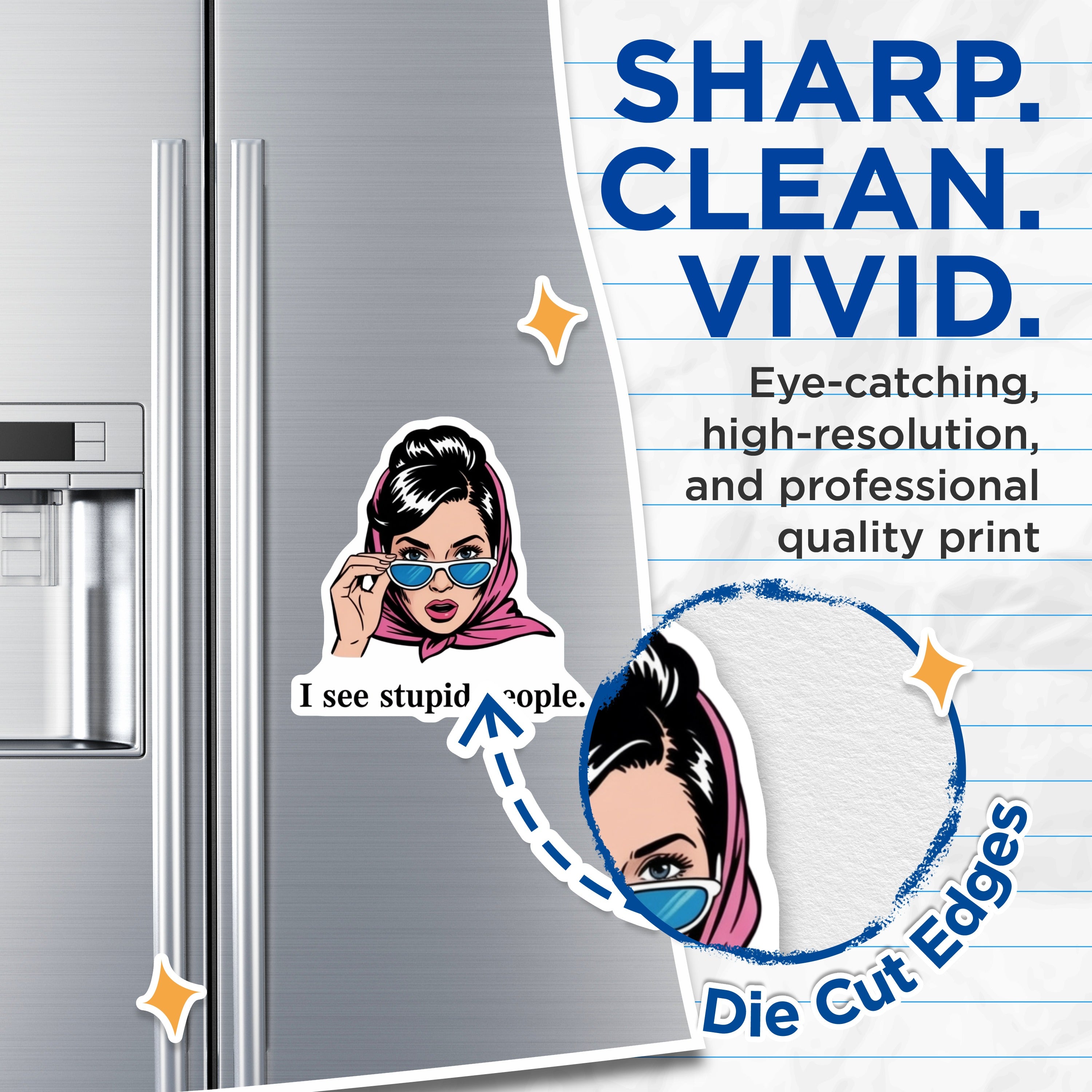 (2 Pack) I See Stupid People Magnets - Retro Pop Art Woman - Sarcastic Humor Fridge Office Decor - 5 Inches On Longest Side - Thick Durable Magnet - Made in USA - MAG39042