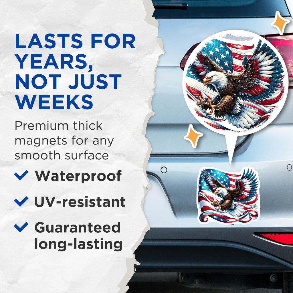 (2 Pack) Eagle American Flag Magnets - Patriotic Decor - USA Pride Magnets - 5" On Longest Side - Premium Magnet - for Cars, Refrigerators, Toolboxes, Lockers - Made in USA - MAG14876