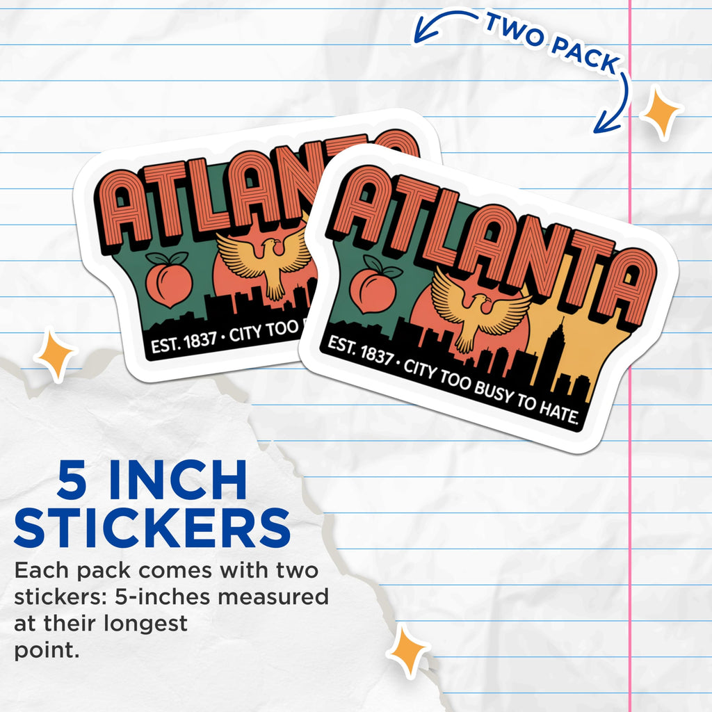 (2 Pack) Atlanta Georgia Stickers - Cityscape Travel Souvenir - Peach State Pride - 5" On Longest Side - Sticks to Smooth Flat Surfaces - Made in USA - BMCS17530