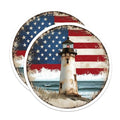 (2 Pack) Lighthouse American Flag Stickers - Coastal Nautical Lighthouse - Patriotic USA Stickers - 5" On Longest Side - Sticks to Smooth Flat Surfaces - Made in USA - BMCS9454