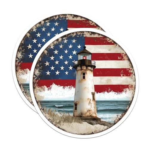(2 Pack) Lighthouse American Flag Stickers - Coastal Nautical Lighthouse - Patriotic USA Stickers - 5" On Longest Side - Sticks to Smooth Flat Surfaces - Made in USA - BMCS9454