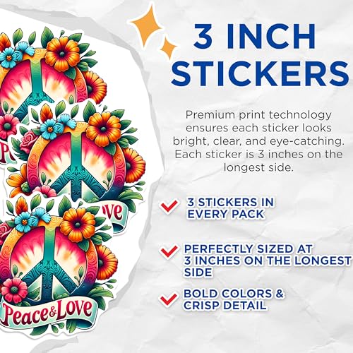 (3 Pack) Peace and Love Decals - Floral Peace Sign - Hippie Laptop Decals - 3 Inches On Longest Side - Easy Peel & Apply - Made in USA - 3MCS0581