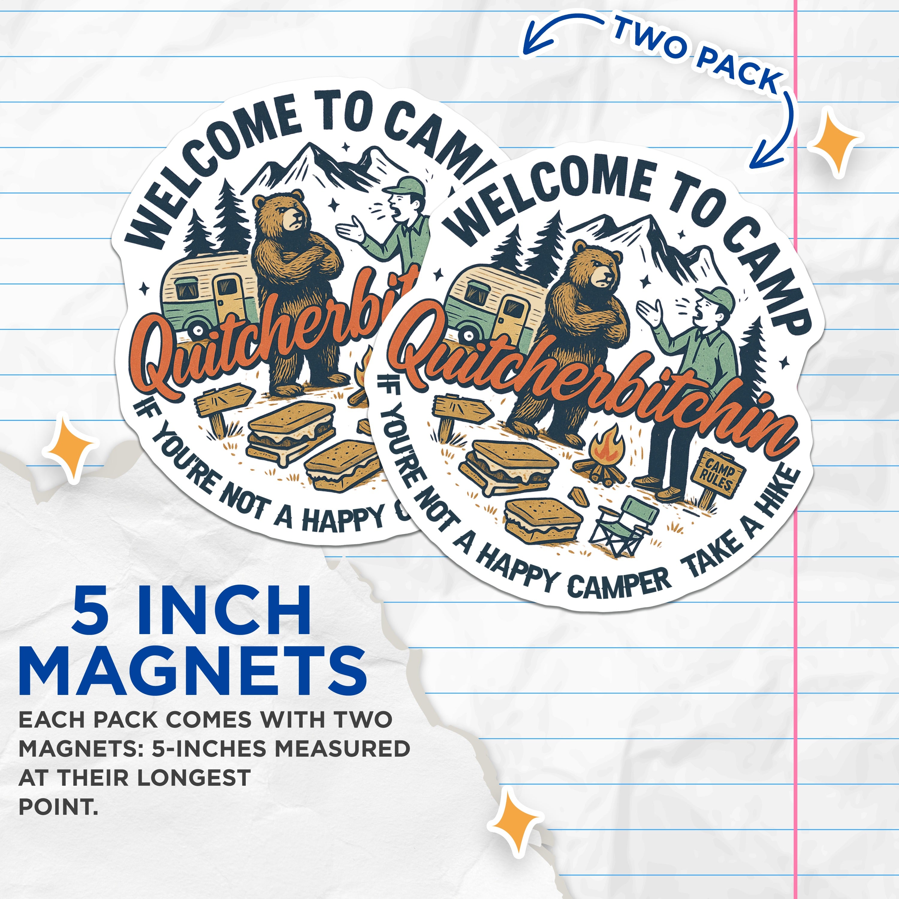 (2 Pack) Funny Camping Magnets - Sarcastic Camp Humor - Outdoor Adventure Decor - Happy Camper Magnet Set - 5 Inches On Longest Side - Thick Durable Magnet - Made in USA - MAG38040