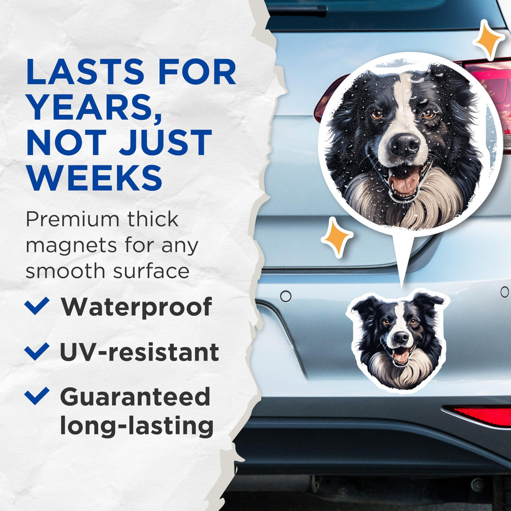 (2 Pack) Border Collie Magnets - Happy Dog Breed Art Decor - Loyal Canine Pet Lover Gift Idea - Refrigerator Home Accessory - 5 Inches On Longest Side - Thick Durable Magnet - Made in USA - MAG24058