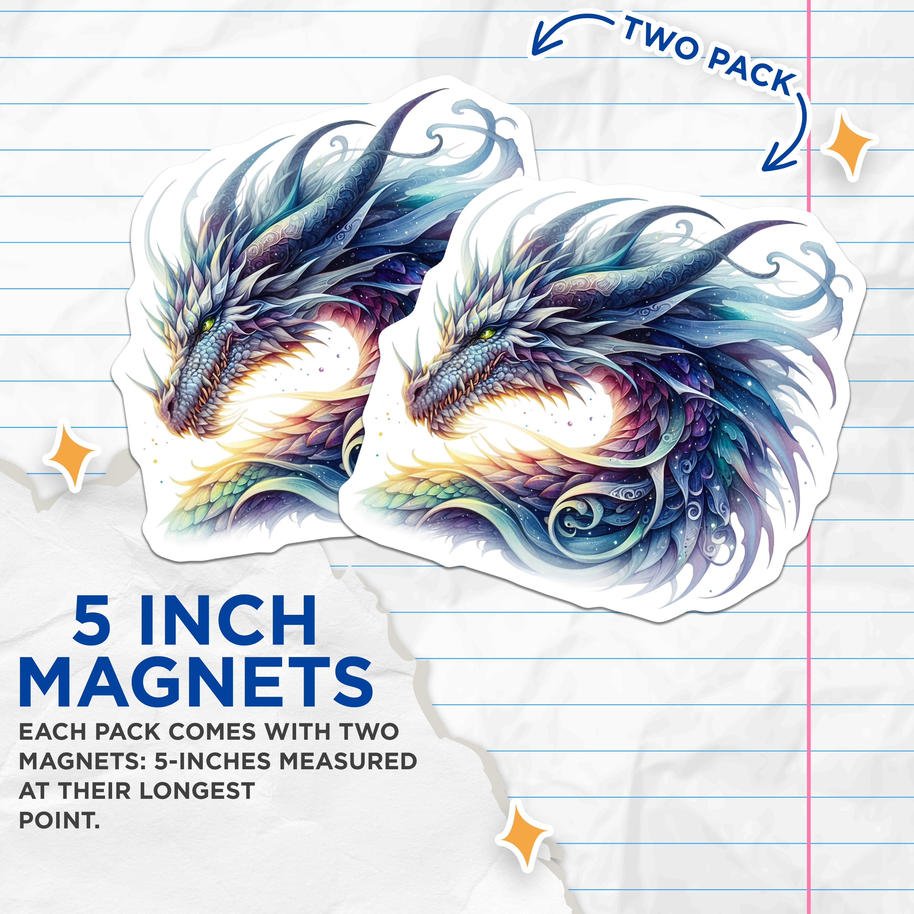 (2 Pack) Fantasy Dragon Magnets - Mythical Creature Art - Celestial Fridge Decor - 5 Inches On Longest Side - Thick Durable Magnet - Made in USA - MAG38256