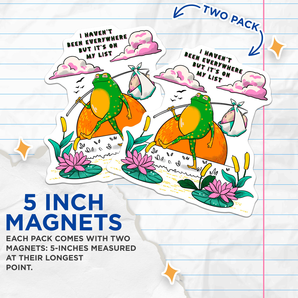(2 Pack) Cute Frog Magnets - Wanderlust Adventure Quote - Traveler Aesthetic Fridge Decor - Explorer Journey Saying - 5 Inches On Longest Side - Thick Durable Magnet - Made in USA - MAG38522