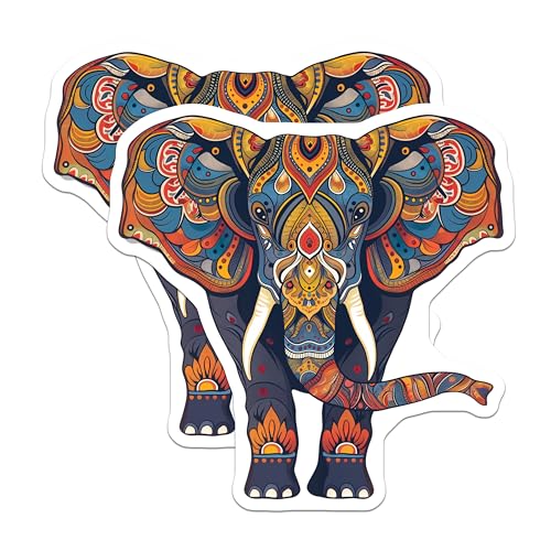 (2 Pack) Elephant Mandala Stickers - Colorful Animal Stickers - Boho Elephant - Decorative Art Stickers - 5" On Longest Side - Sticks to Smooth Flat Surfaces - Made in USA - BMCS4691