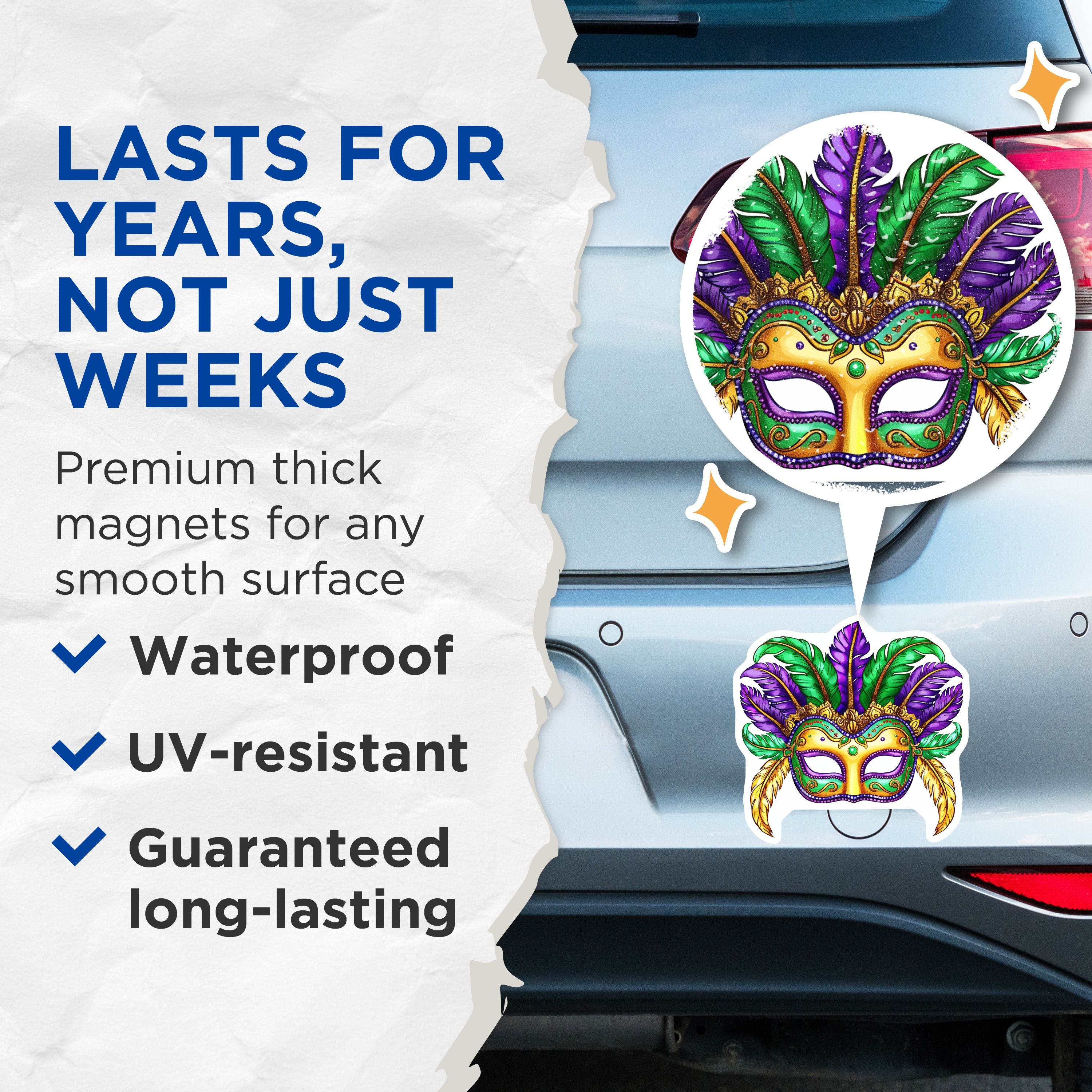 (2 Pack) Mardi Gras Mask Magnets - New Orleans Decor - Feathered Carnival Celebration - Festive Home Fridge Accessory - 5 Inches On Longest Side - Thick Durable Magnet - Made in USA - MAG36975