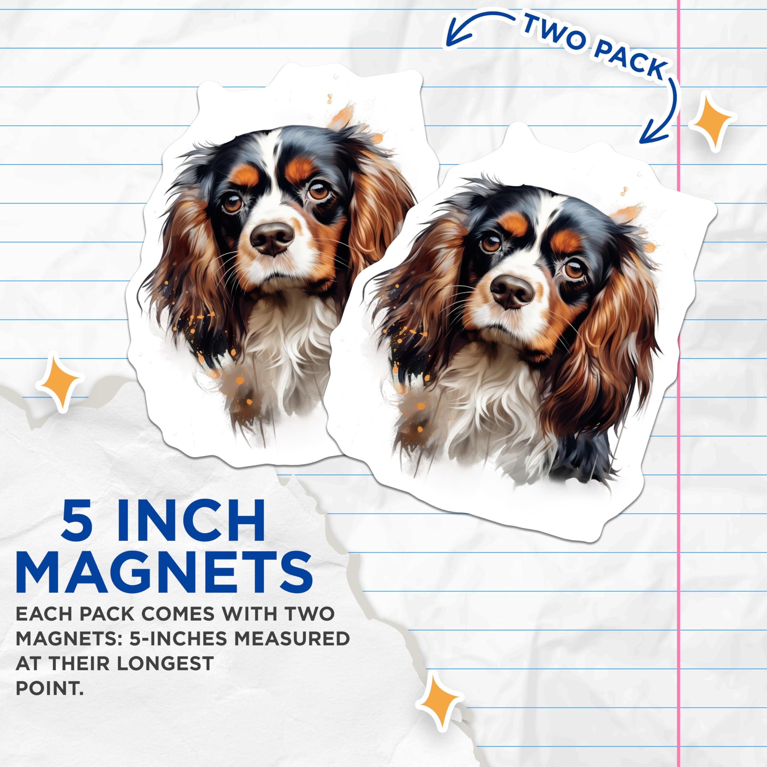 (2 Pack) Cavalier King Charles Spaniel Magnets - Tricolor Cavalier Dog Art - Pet Owner Decor Pet Parent - 5 Inches On Longest Side - Thick Durable Magnet - Made in USA - MAG28545