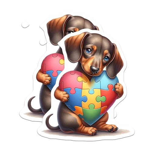 (2 Pack) Cute Dachshund Puzzle Heart Stickers - Puppy Love Decal - Autism Awareness Support Stickers - 5" On Longest Side - Sticks to Smooth Flat Surfaces - Made in USA - BMCS9469
