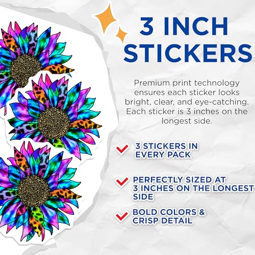 (3 Pack) Tie Dye Sunflower Decals - Colorful Floral - Laptop Decal - 3 Inches On Longest Side - Easy Peel & Apply - Made in USA - 3MCS4487