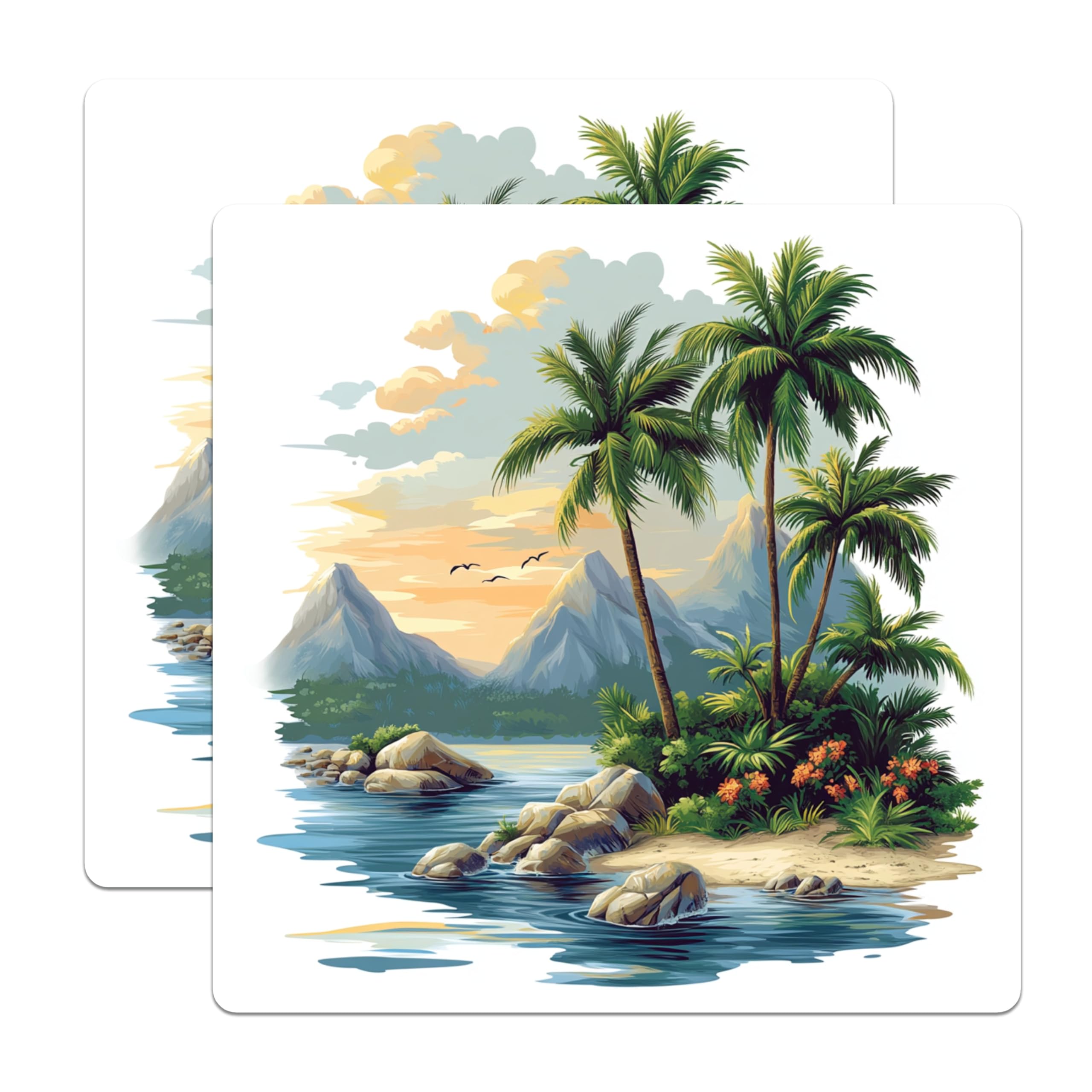 (2 Pack) Tropical Island Magnets - Palm Tree Beach Scene - Ocean Sunset Decor - 5 Inches On Longest Side - Thick Durable Magnet - Made in USA - MAG24249