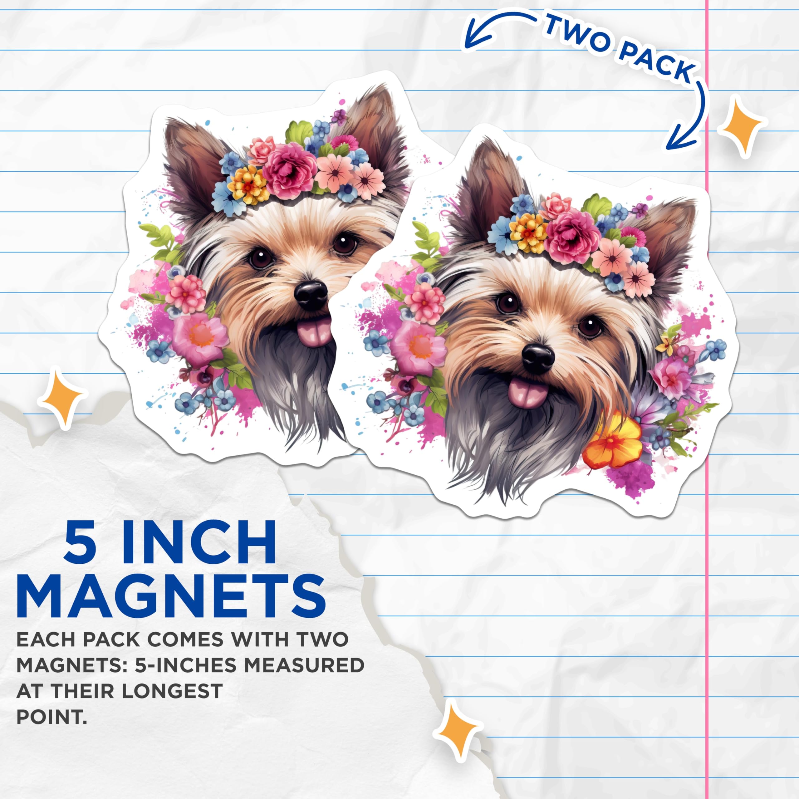 (2 Pack) Yorkie Flower Crown Magnets - Dog Mom Refrigerator Decor - Pet Lover Animal Art - 5 Inches On Longest Side - Thick Durable Magnet - Made in USA - MAG28457