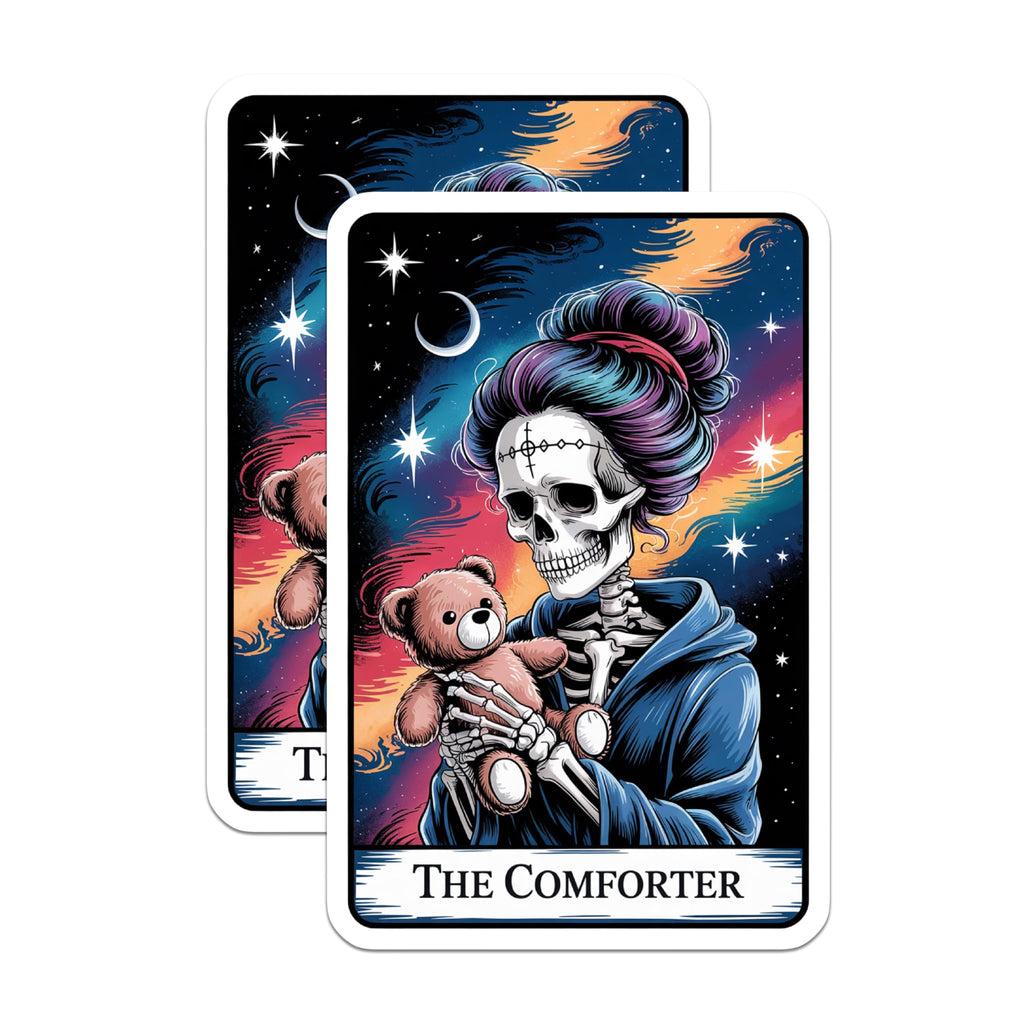 (2 Pack) The Comforter Magnets - Skeleton Holding Teddy Bear - Celestial Moon Starry Sky - Mystical Tarot Art - 5 Inches On Longest Side - Thick Durable Magnet - Made in USA - MAG21419