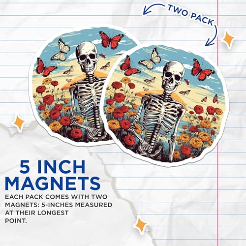 (2 Pack) Skeleton and Butterflies Magnets - Floral Skeleton Design - Day of The Dead Magnets - Colorful Skull Art - 5" On Longest Side - for Cars, Fridges, Toolboxes - Made in USA - MAG4246