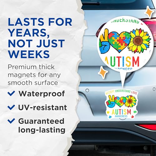 (2 Pack) Accept Understand Love Magnets - Autism Awareness Magnets - Peace Love Inclusion Magnets - 5" On Longest Side - for Cars, Refrigerators, Toolboxes, Lockers - Made in USA MAG3574