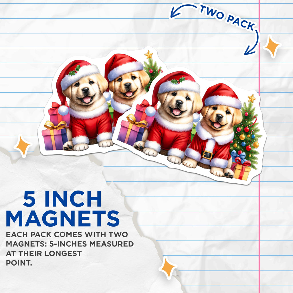 (2 Pack) Charming Christmas Puppies Magnets - Santa Golden Retriever Holiday Decor - Adorable Winter Fridge Embellishment - 5 Inches On Longest Side - Thick Durable Magnet - Made in USA - MAG23413