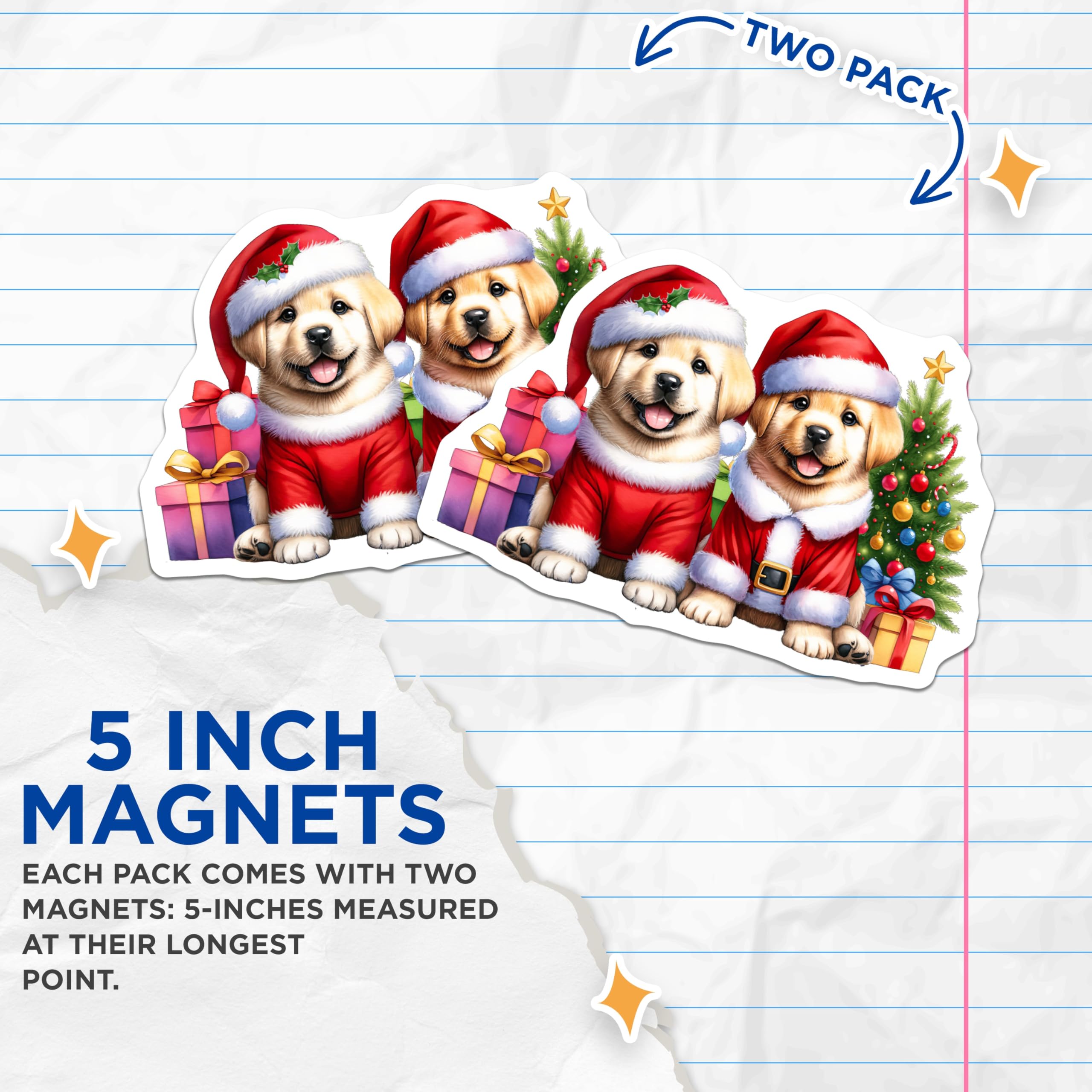 (2 Pack) Charming Christmas Puppies Magnets - Santa Golden Retriever Holiday Decor - Adorable Winter Fridge Embellishment - 5 Inches On Longest Side - Thick Durable Magnet - Made in USA - MAG23413