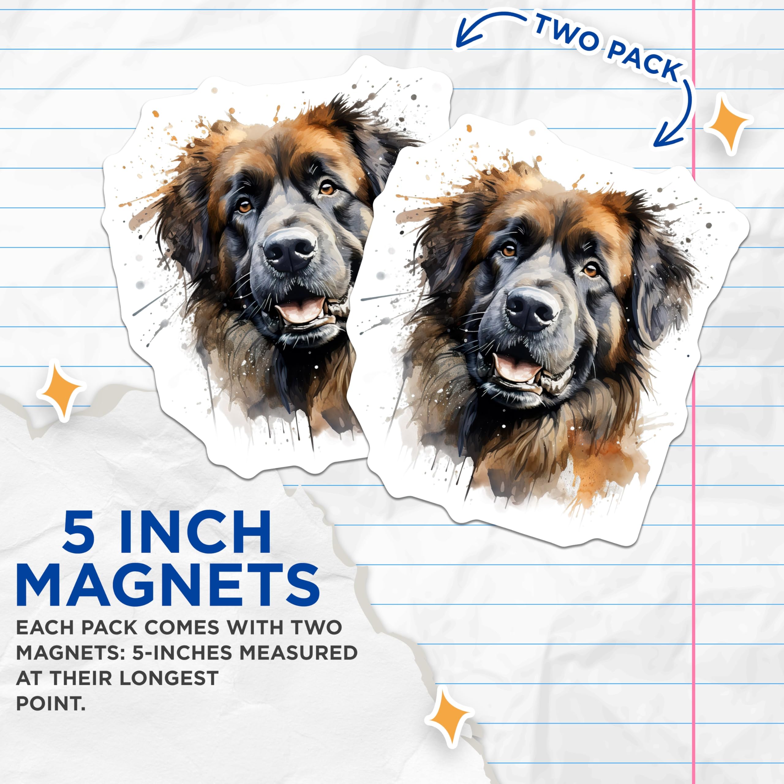 (2 Pack) Leonberger Dog Magnets - Watercolor Dog Art - Pet Lover Fridge Decor - 5 Inches On Longest Side - Thick Durable Magnet - Made in USA - MAG26476