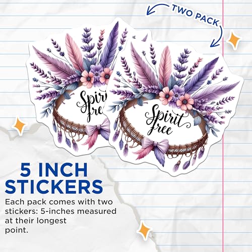 (2 Pack) Spirit Free Stickers - Floral Feather Wreath - Boho Inspirational Sticker - 5" On Longest Side - Sticks to Smooth Flat Surfaces - Made in USA - BMCS8846