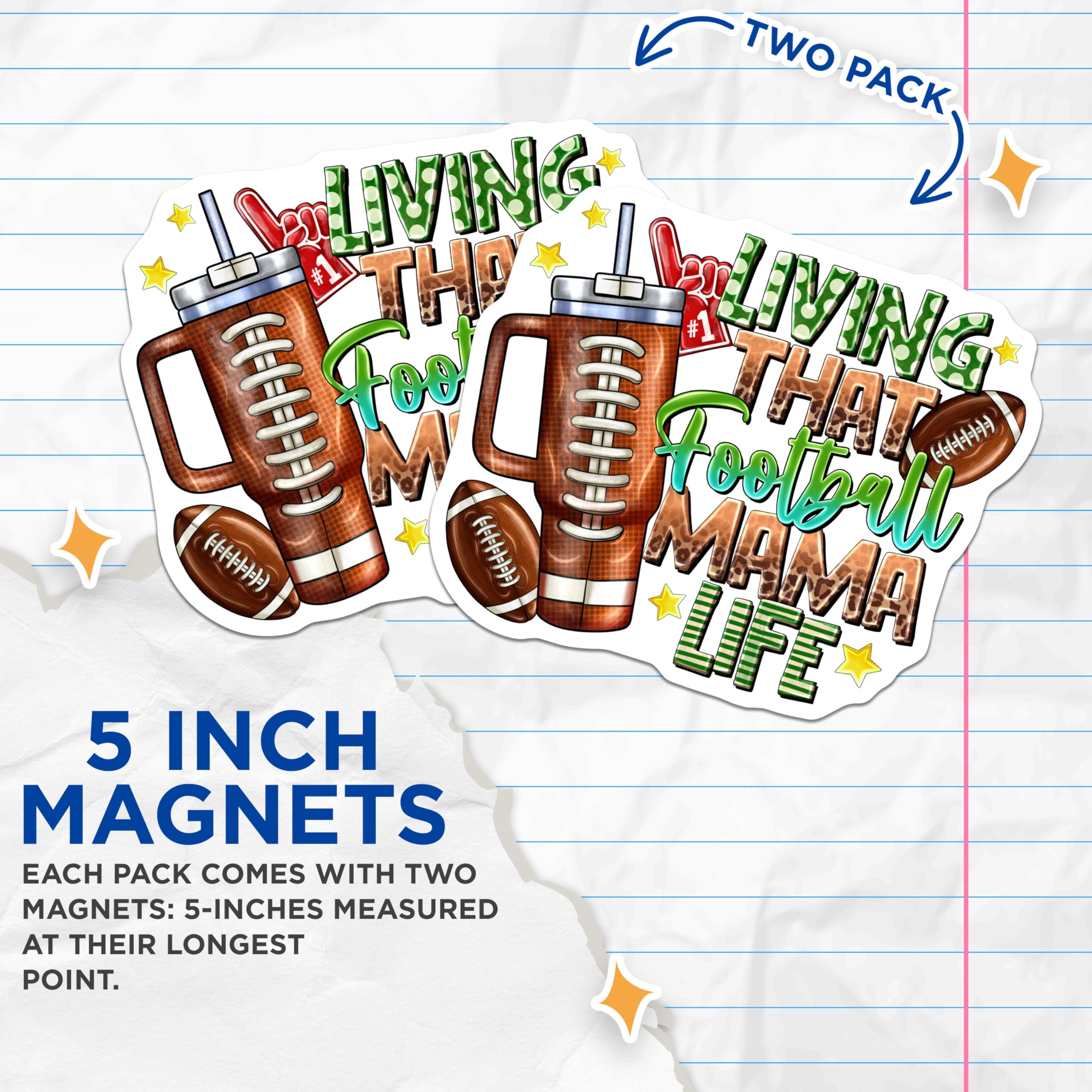 (2 Pack) Living that Football Mama Life Magnets - Game Day Mom - Sports Parent Refrigerator Decor - 5 Inches On Longest Side - Thick Durable Magnet - Made in USA - MAG29556