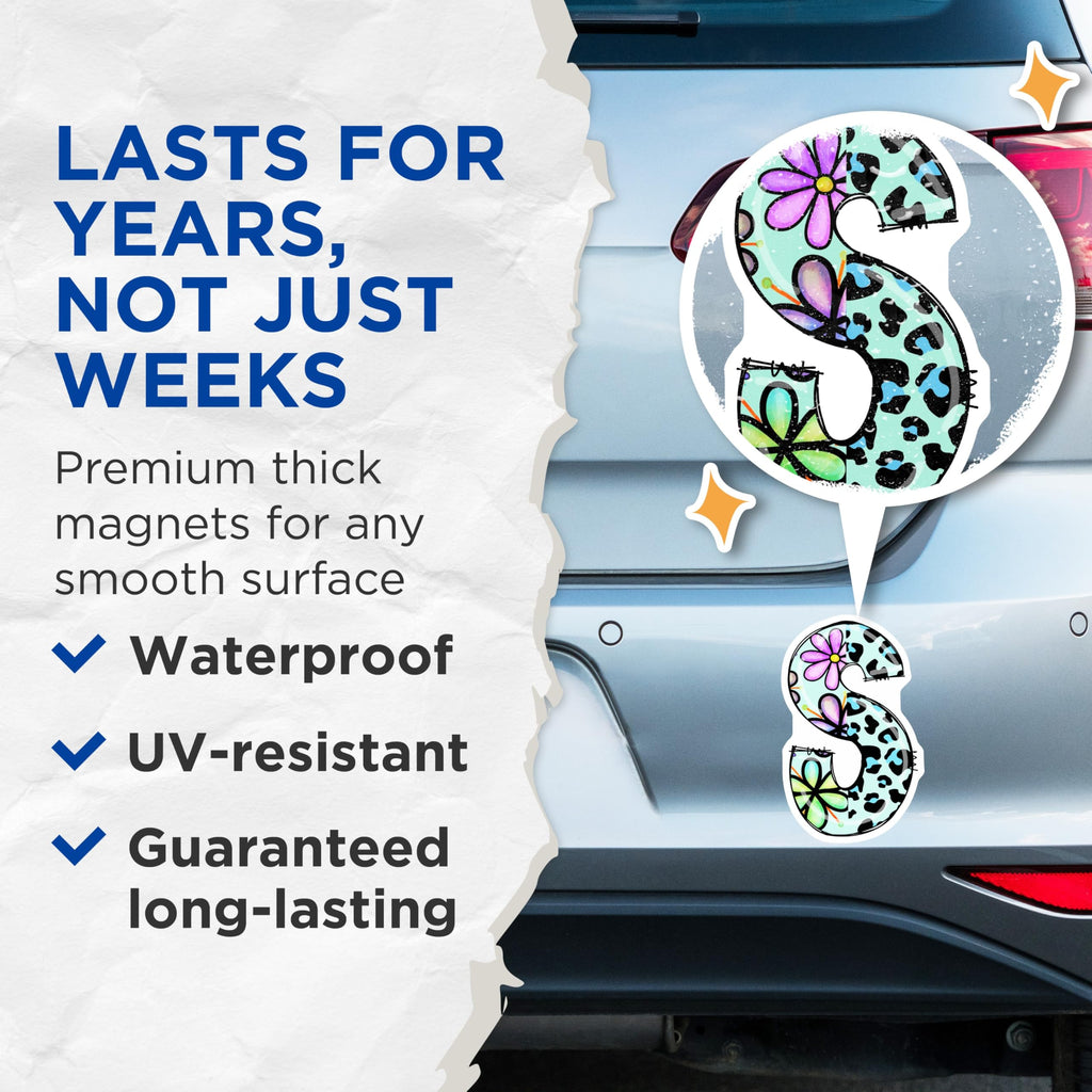 (2 Pack) Letter S Magnets - Leopard Print - Floral Initial Magnets - 5" On Longest Side - Premium Magnet - for Cars, Refrigerators, Toolboxes, Lockers - Made in USA - MAG14587