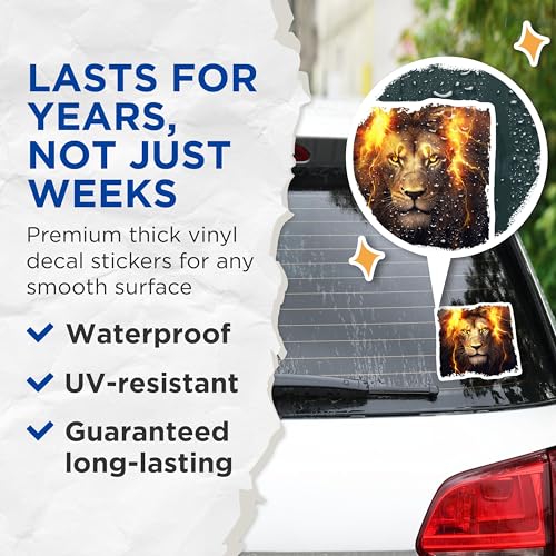 (2 Pack) Lion Flame Stickers - Animal Art Decal - Fiery Lion Head Sticker Illustration - 5" On Longest Side - Sticks to Smooth Flat Surfaces - Made in USA - BMCS4266