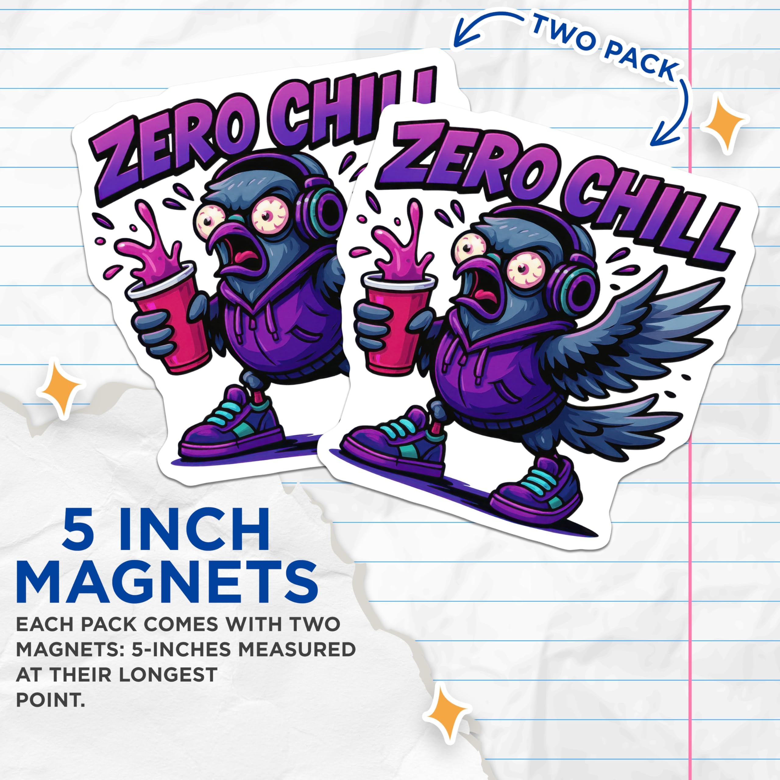 (2 Pack) Zero Chill Pigeon Magnets - Funny Bird Decal - Hype Cartoon Fridge - Urban Animal Art - Sarcastic Locker Decor - 5 Inches On Longest Side - Thick Durable Magnet - Made in USA - MAG20511