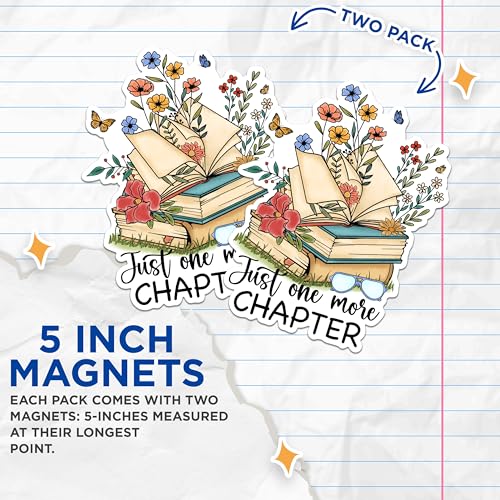 (2 Pack) Just One More Chapter Magnets - Book Lover Magnets - Floral Book Stack Magnets- 5" On Longest Side - for Fridges, Toolboxes, Cars - Made in USA - MAG2988