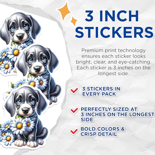 (3 Pack) Cute Puppy Decals - Dog with Flowers - Adorable Animal Decals - 3 Inches On Longest Side - Easy Peel & Apply - Made in USA - 3MCS8350