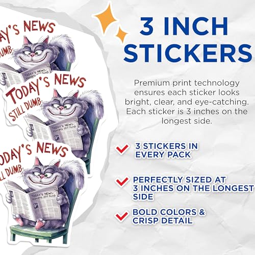 (3 Pack) Grumpy Cat Decals - Funny Cat - Reading Newspaper - 3 Inches On Longest Side - Easy Peel & Apply - Made in USA - 3MCS7315