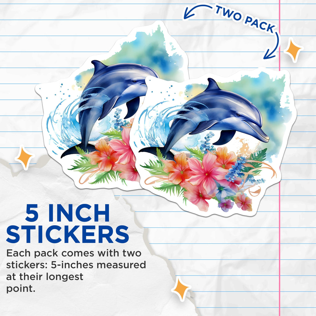 (2 Pack) Watercolor Dolphin Stickers - Vibrant Floral Ocean Art - Marine Life Aesthetic Decals - 5" On Longest Side - Sticks to Smooth Flat Surfaces - Made in USA - BMCS21219