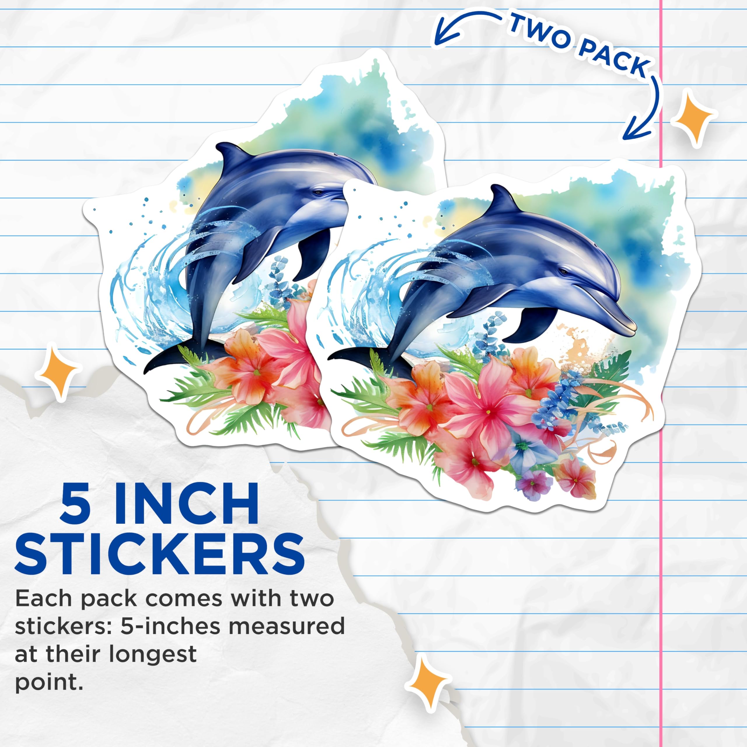 (2 Pack) Watercolor Dolphin Stickers - Vibrant Floral Ocean Art - Marine Life Aesthetic Decals - 5" On Longest Side - Sticks to Smooth Flat Surfaces - Made in USA - BMCS21219