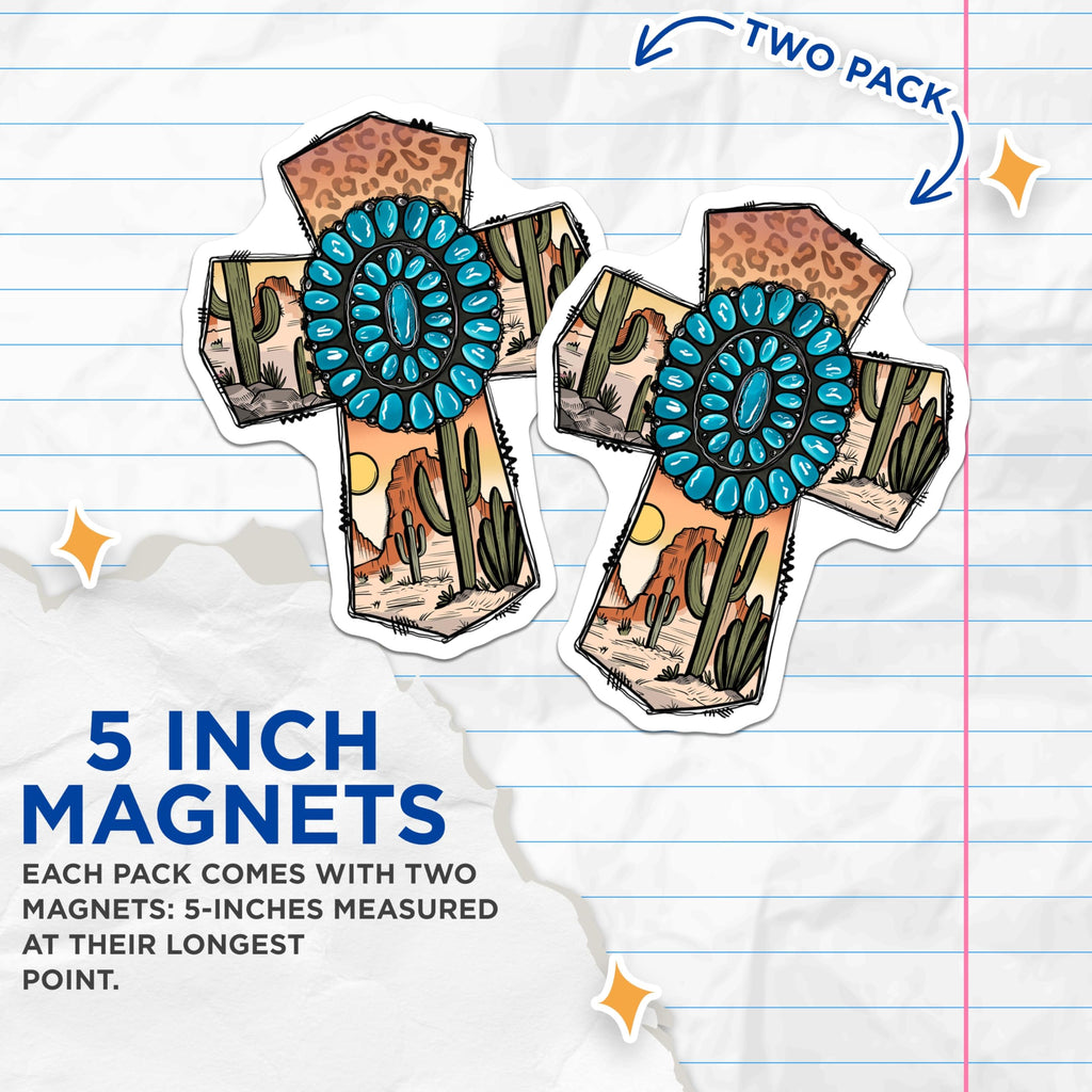(2 Pack) Turquoise Concho Magnets - Western Desert Landscape - Leopard Print Boho Decor - 5 Inches On Longest Side - Thick Durable Magnet - Made in USA - MAG28014