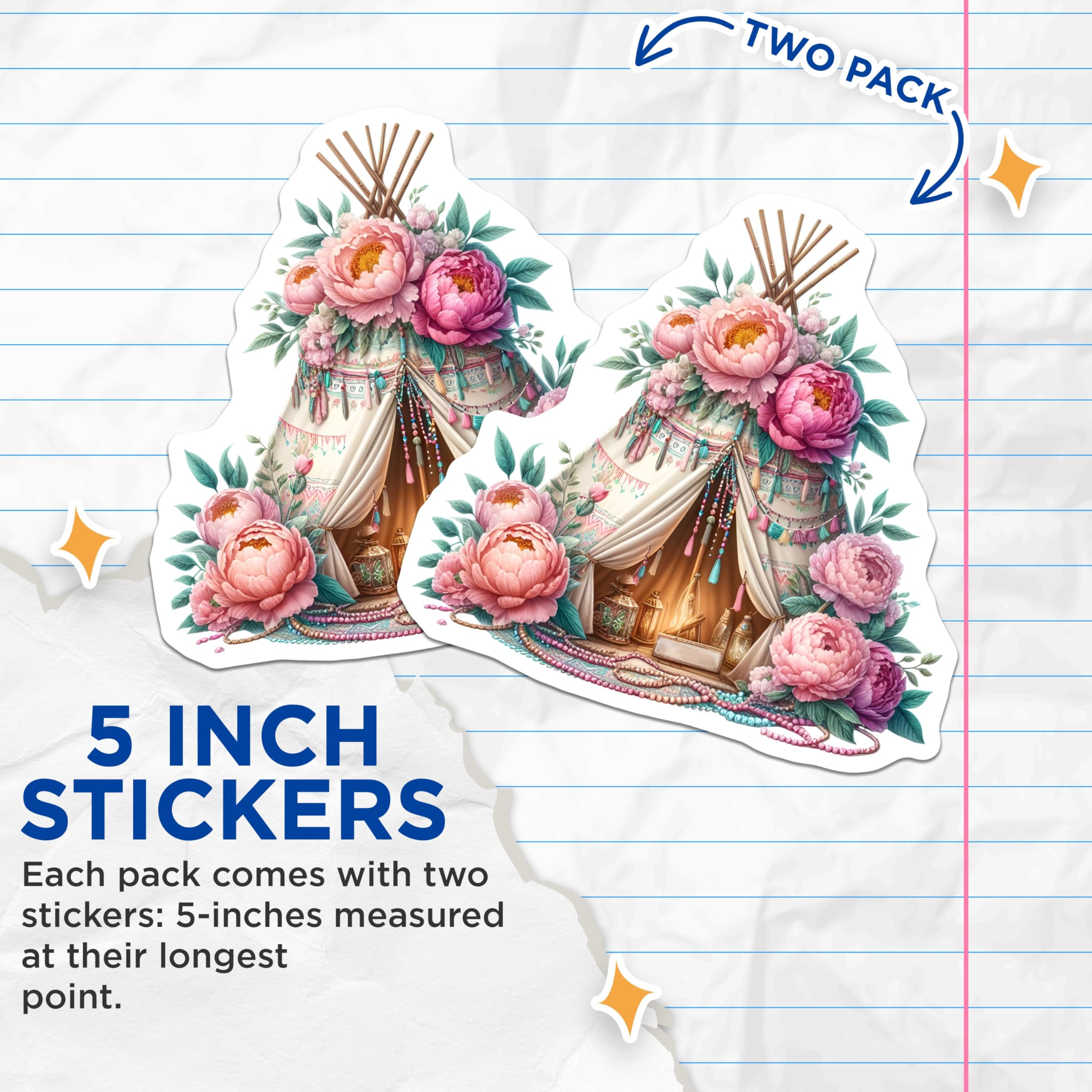 (2 Pack) Boho Flower Teepee Stickers - 5" On Longest Side - Sticks to Smooth Flat Surfaces - Made in USA - BMCS8853 - BMCS8853