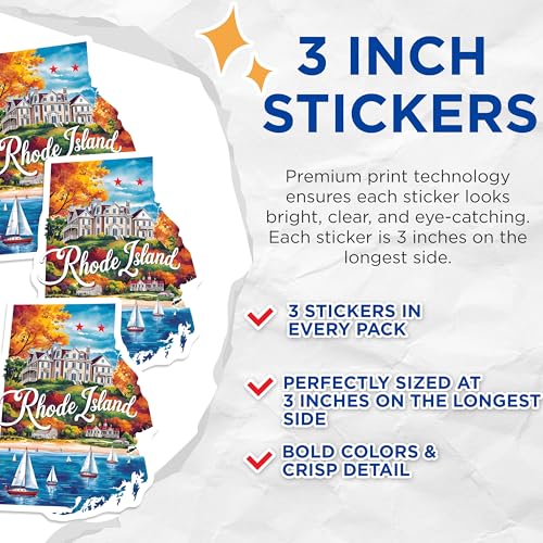 (3 Pack) Rhode Island Decals - State Pride Stickers - Laptop Decal- 3 Inches On Longest Side - Easy Peel & Apply - Made in USA - 3MCS5030