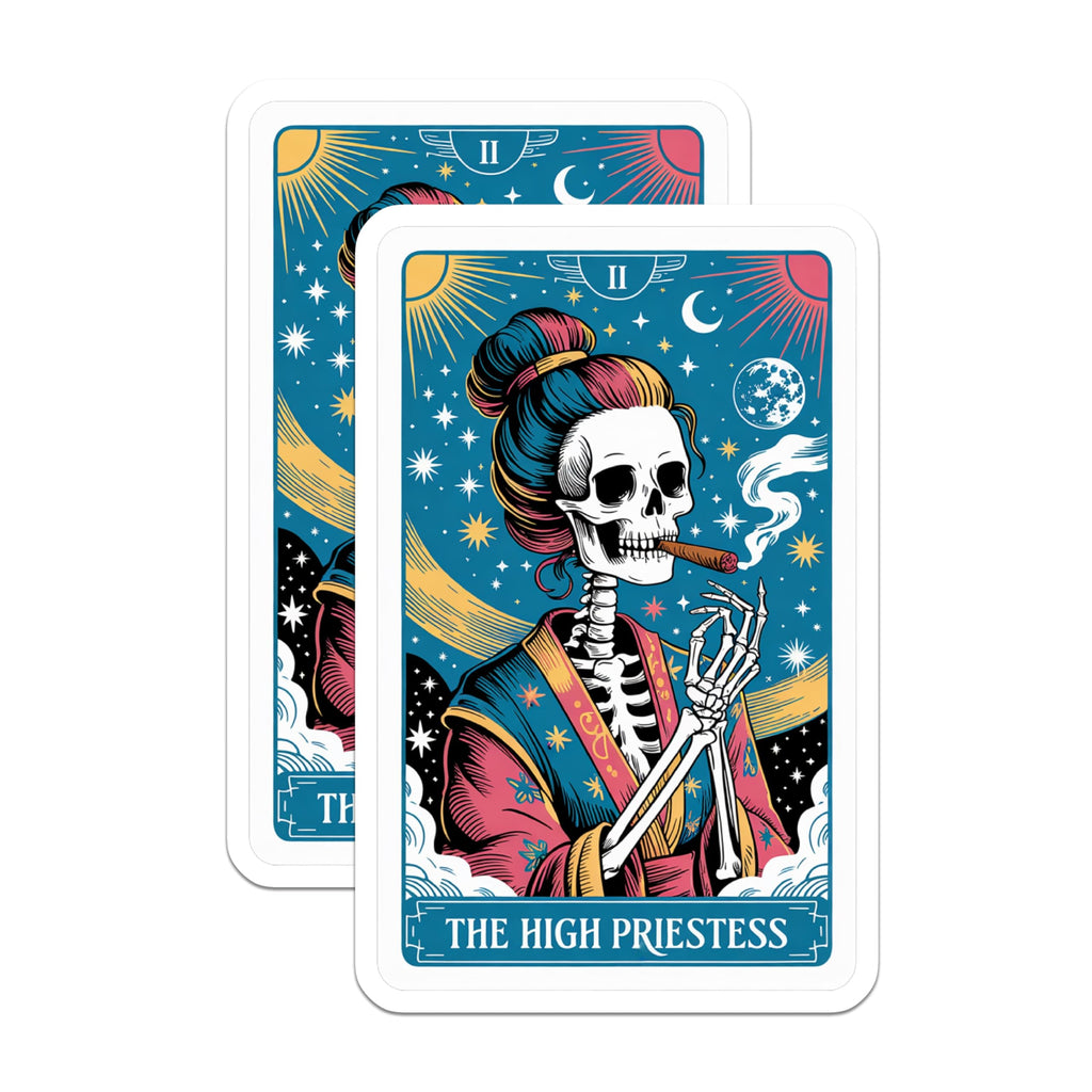(2 Pack) High Priestess Tarot Card Art Magnets - Smoking Skeleton Celestial Decor - Occult Witchy Fridge Accessories - 5 Inches On Longest Side - Thick Durable Magnet - Made in USA - MAG20309