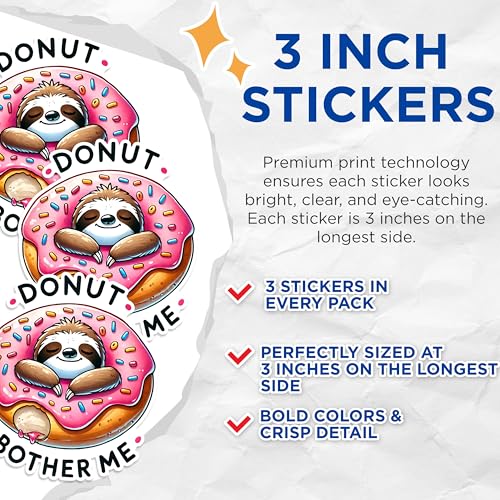 (3 Pack) Sloth Donut Decals - Funny Lazy Animal Stickers - Laptop Decals - 3 Inches On Longest Side - Easy Peel & Apply - Made in USA - 3MCS1548