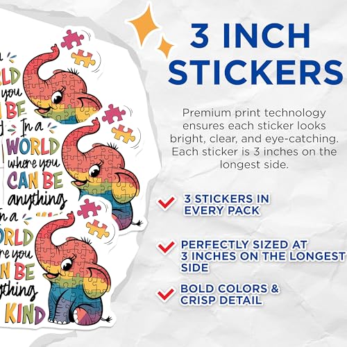 (3 Pack) Be Kind Decals - Elephant Puzzle - Autism Awareness Decal - 3 Inches On Longest Side - Easy Peel & Apply - Made in USA - 3MCS0050