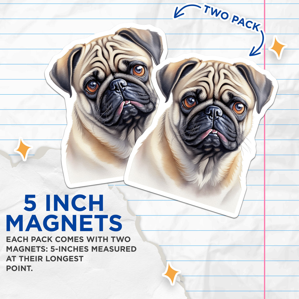(2 Pack) Pug Dog Magnets - Cute Pug Lover Decor - Pet Owner Refrigerator Art - Animal Fridge Accessory - 5 Inches On Longest Side - Thick Durable Magnet - Made in USA - MAG37549