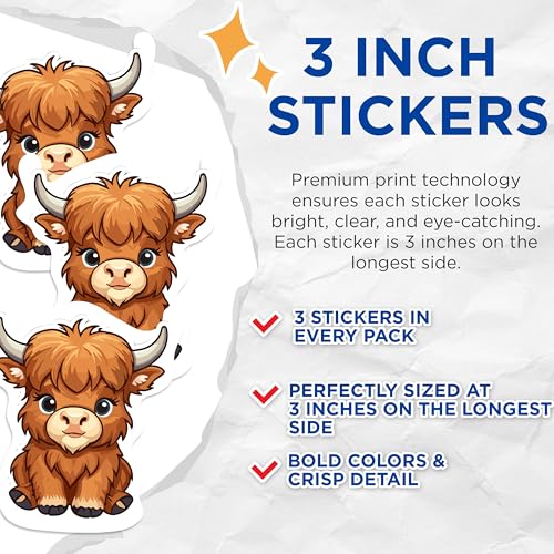 (3 Pack) Highland Cow Decals - Cute Cow Stickers - Cartoon Cow Decal - 3 Inches On Longest Side - Easy Peel & Apply - Made in USA - 3MCS1054